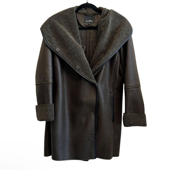 Sam Edelman Sydney Hooded Faux Leather Shearling Brown Coat Medium - Picture 4 of 14